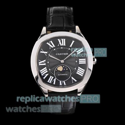 Swiss Replica Cartier Drive de Cartier Black Roman Dial Leather Strap Moon Phase Watch 